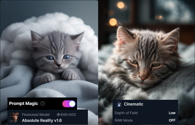 プロンプト：A sleepy gray kitten snuggled up in a bed of soft, fluffy clouds, its whiskers twitching in its sleep.