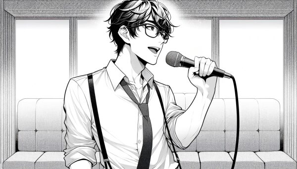 カラオケでマイクを持って歌っているポーズ