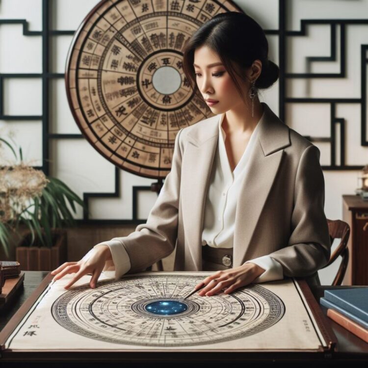 算命学の命盤を使っている現代のアジア人占い師の女性
