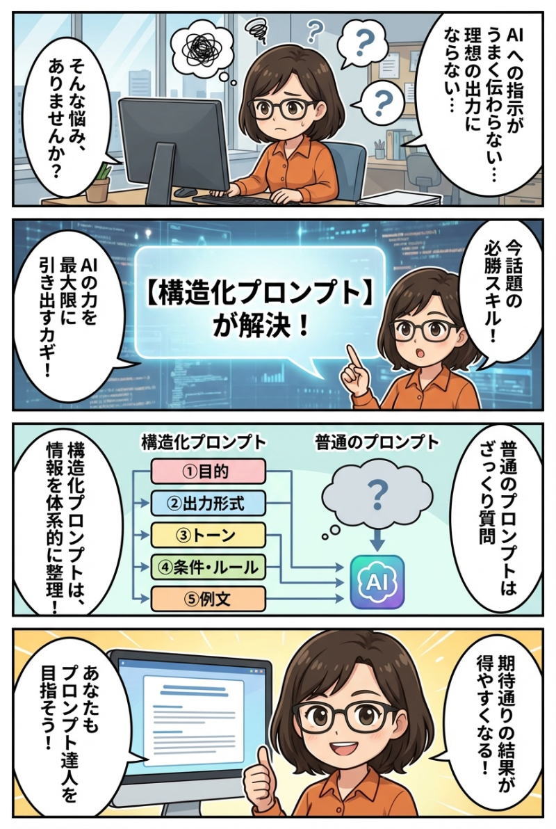 漫画で解説：構造化プロンプトとは？初心者にもわかりやすい解説＆作り方・サンプル例