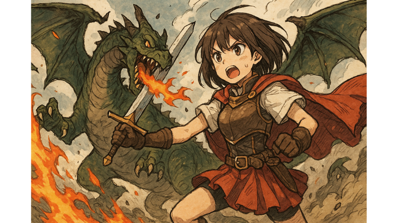 ドラゴンと戦う女勇者のイラスト