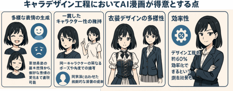 キャラデザイン工程においてAI漫画が得意とする点は
