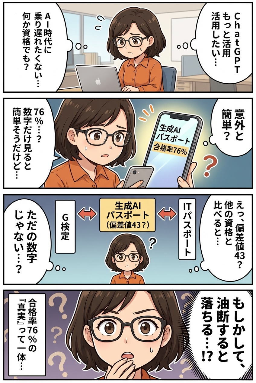 マンガ解説：生成AIパスポートの難易度を徹底解析｜合格率76%の真実と他資格比較