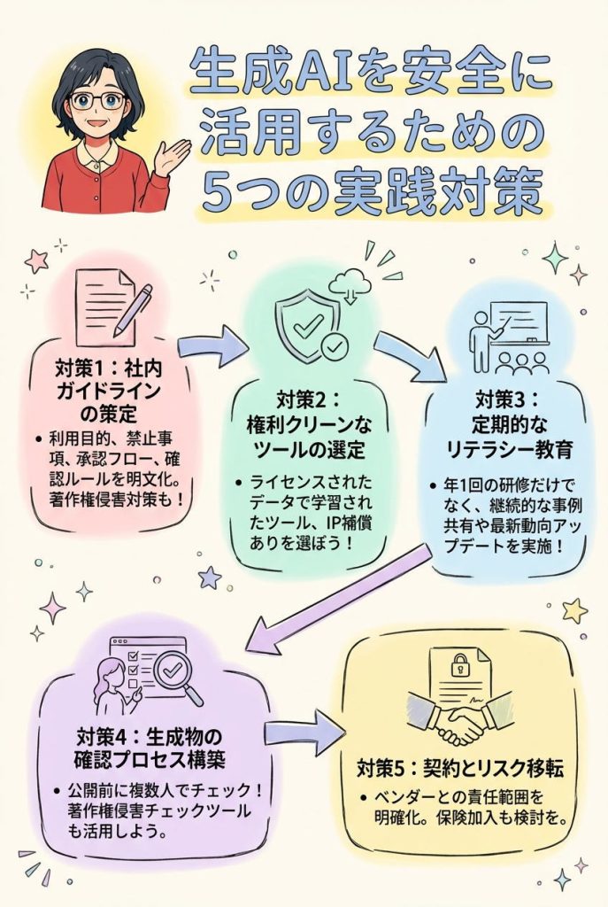 生成AIを安全に活用するための5つの実践対策:図解グラレコ