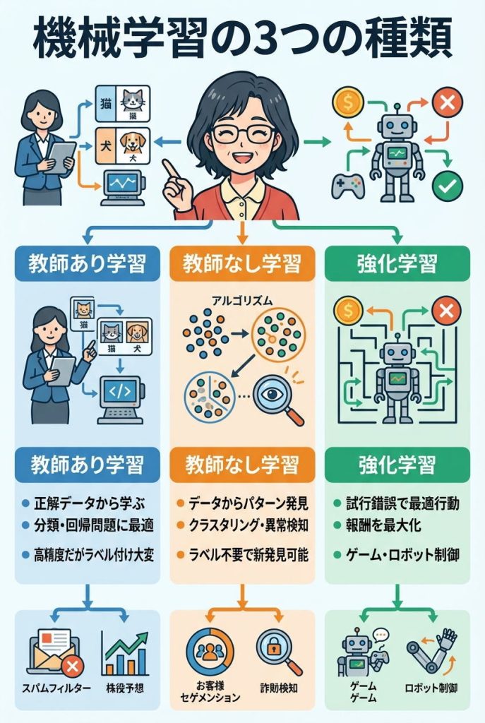 機械学習の3つの種類|教師あり・教師なし・強化学習:図解インフォグラフィック