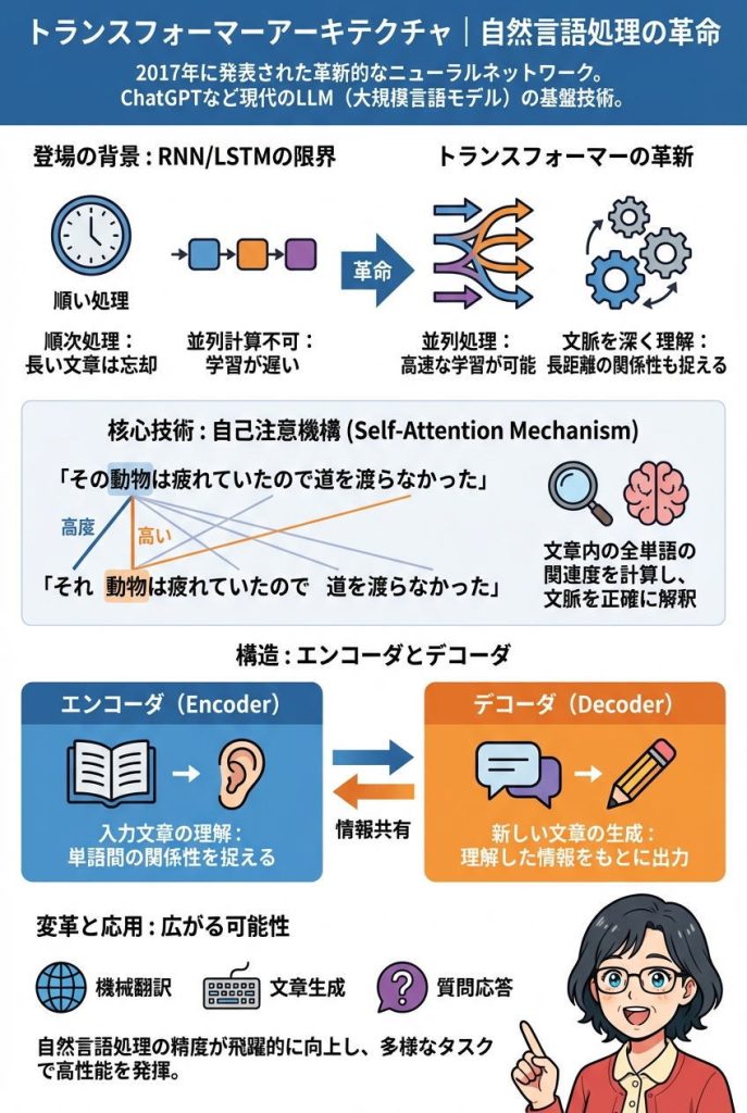 トランスフォーマーアーキテクチャ|自然言語処理の革命:図解インフォグラフィック