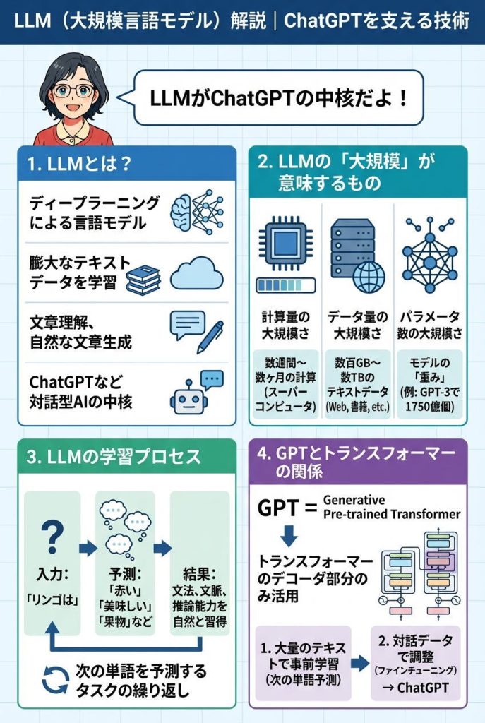 LLM(大規模言語モデル)解説|ChatGPTを支える技術:図解インフォグラフィック