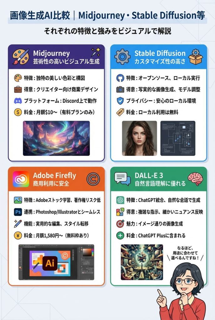 画像生成AI比較|Midjourney・Stable Diffusion等:図解インフォグラフィック