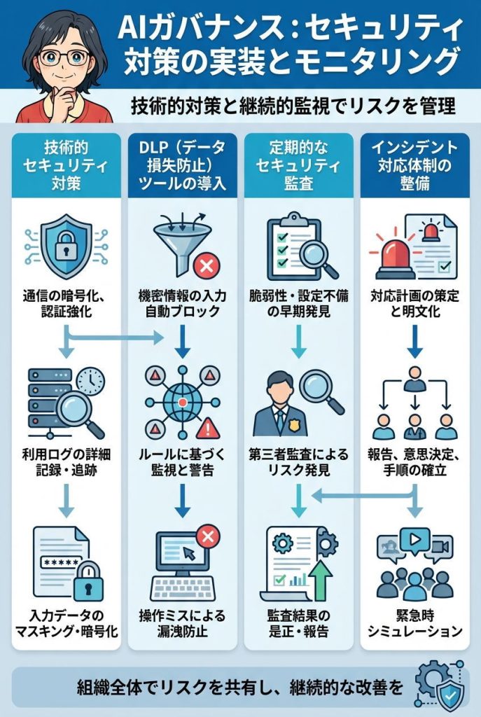 セキュリティ対策の実装とモニタリング:図解インフォグラフィック