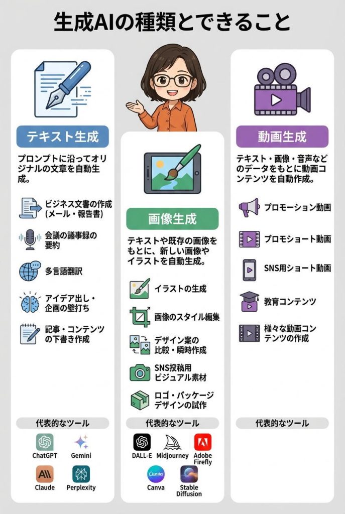 生成AIの種類とできること：図解インフォグラフィック