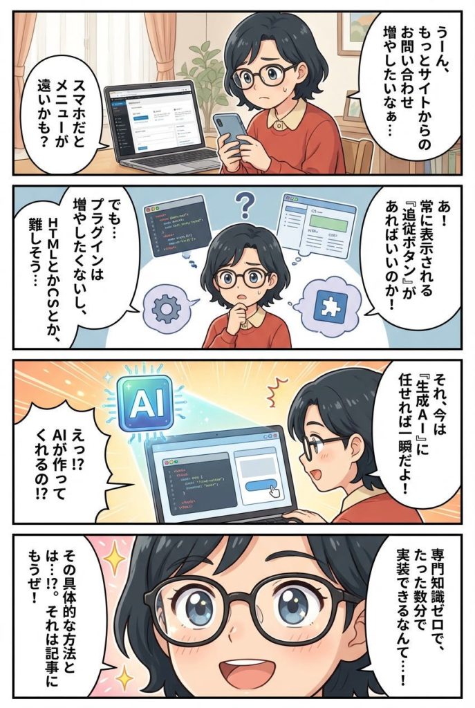 マンガで解説:AIでWordPressにフローティングボタンを設置する方法