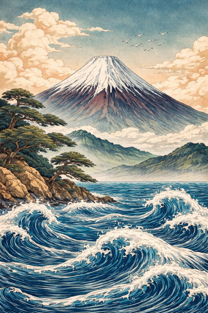 浮世絵風の富士山のイラスト