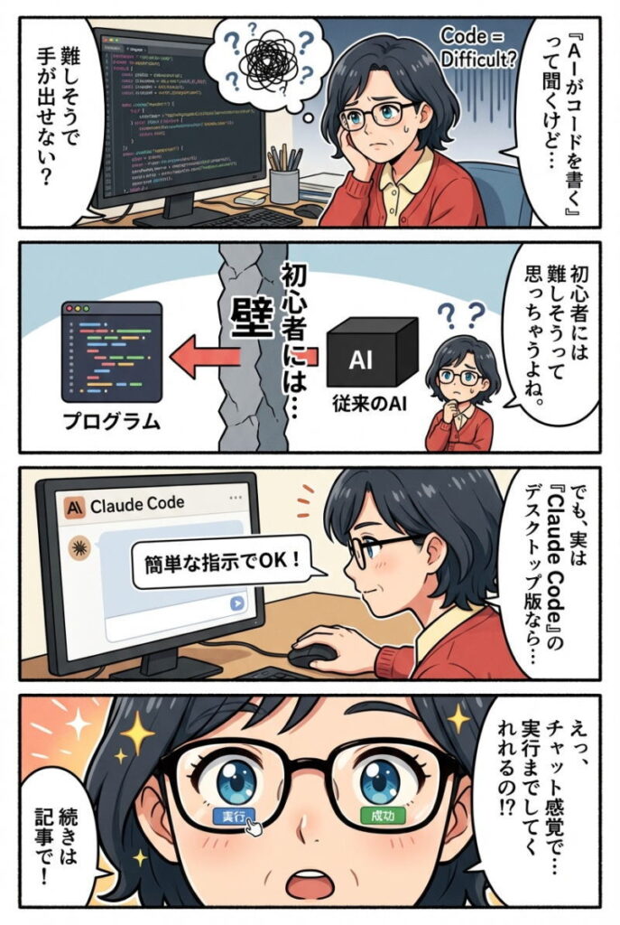 マンガ解説：「AIがコードを書いてくれる」と聞いても、難しそうで手が出せないと感じていませんか？