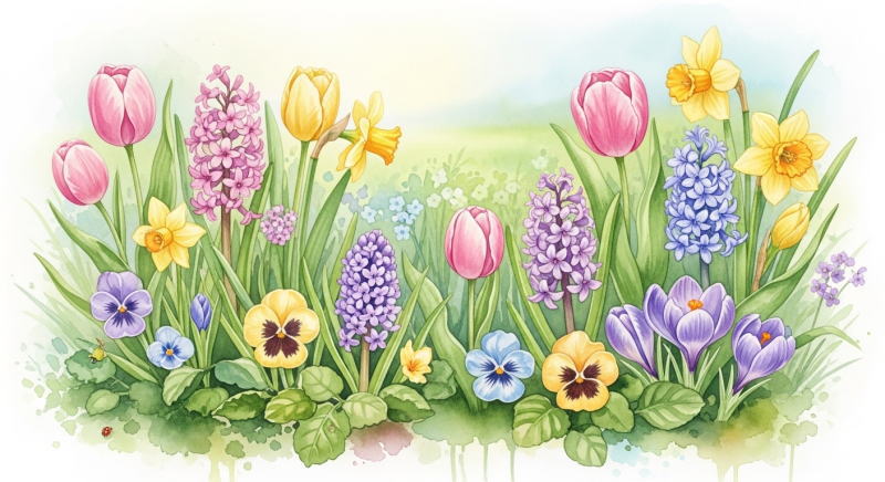 水彩画風の柔らかい春の花壇のイラスト