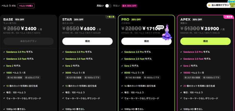 OiiOiiの料金表画像