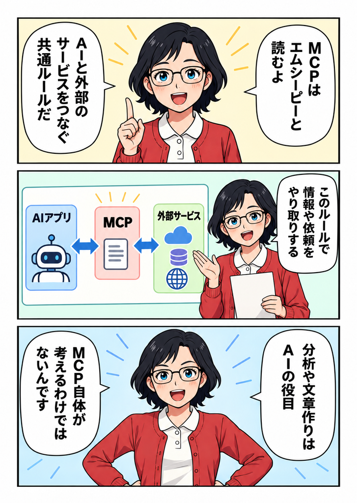 マンガで分かる02、MCPとは「AIと外部サービスをつなぐ共通ルール」